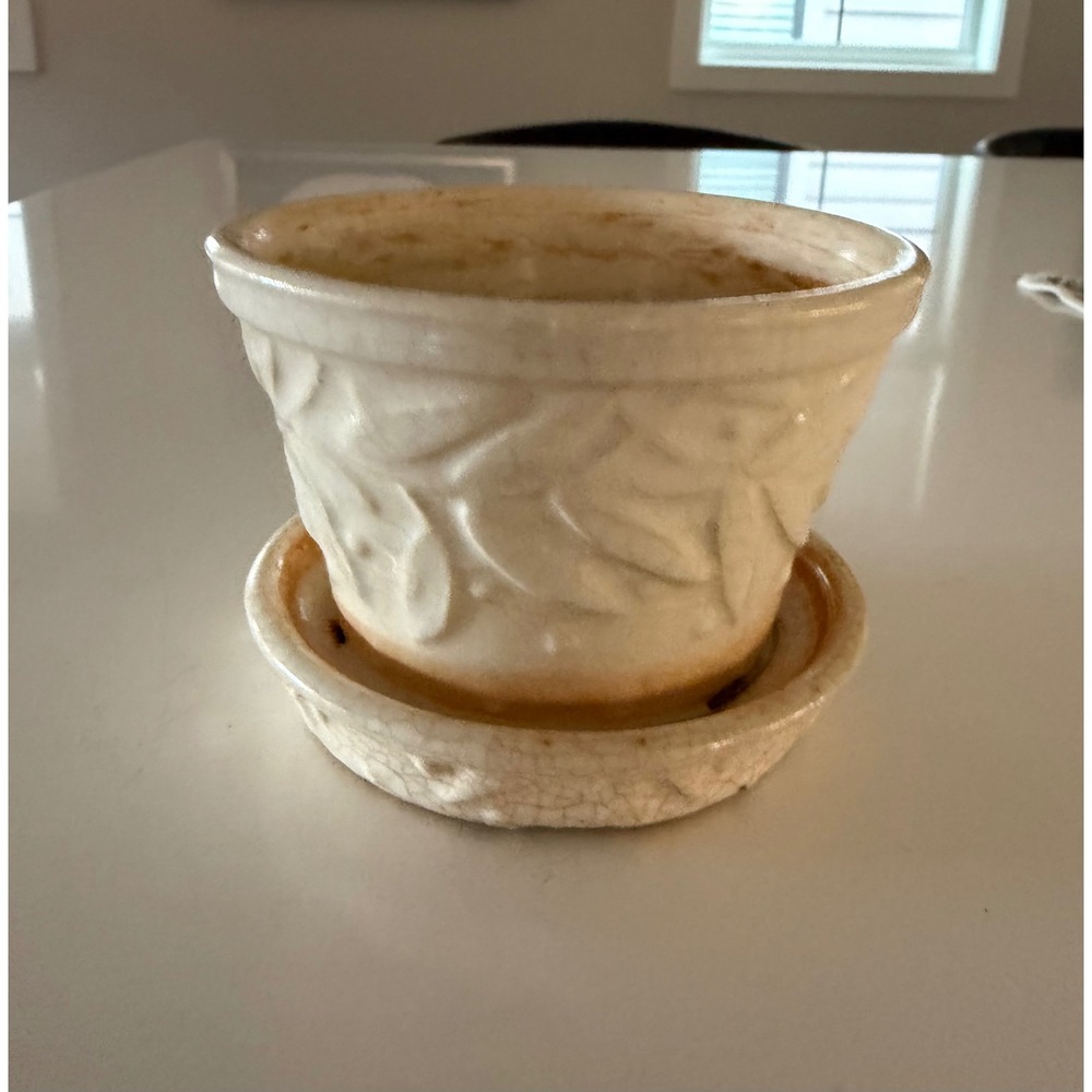 Vintage McCoy Pottery Small Planter Flower Pot Attached Saucer Cream USA